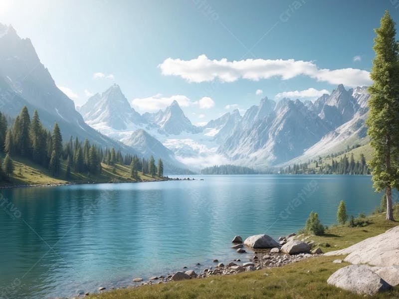 Paisagem de lago som água cristalina montanhas no fundo