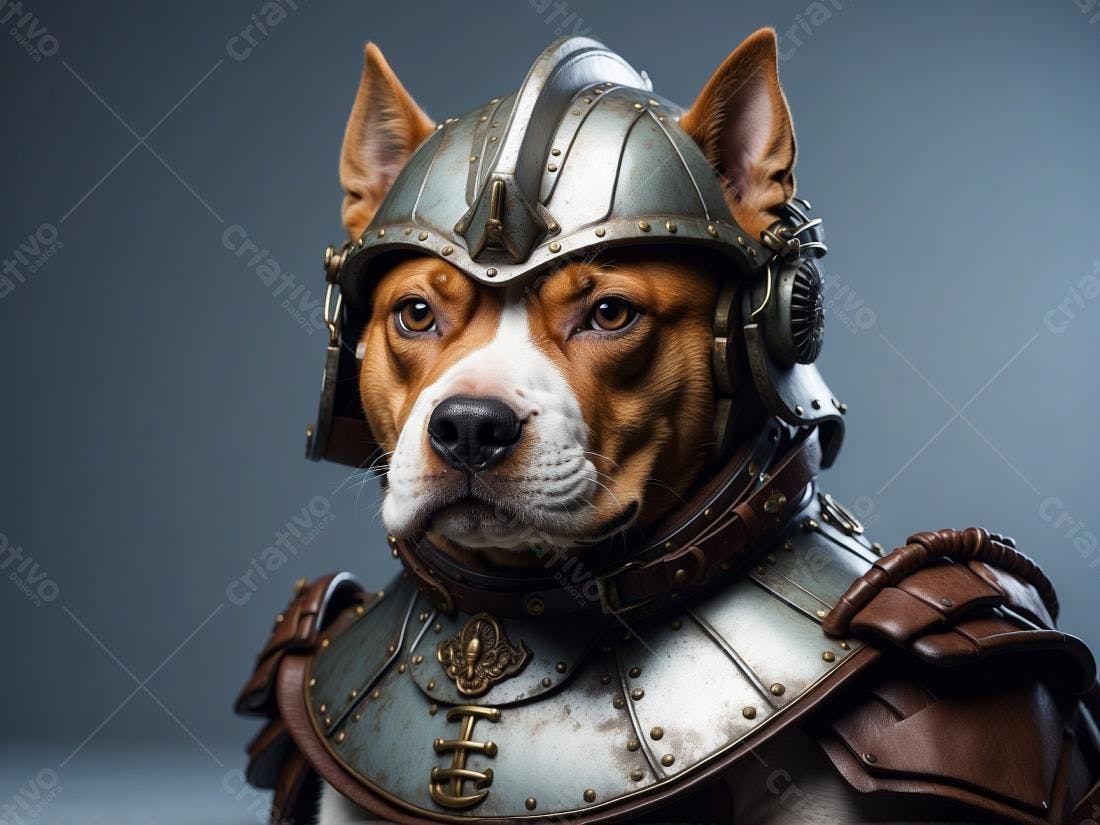 Cachorro com armadura medieval fundo cinza
