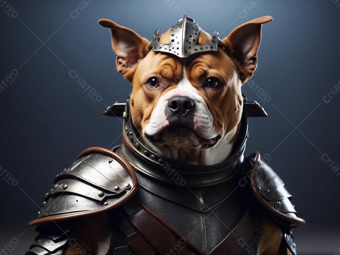 Cão Bulldog Americano em armadura medieval