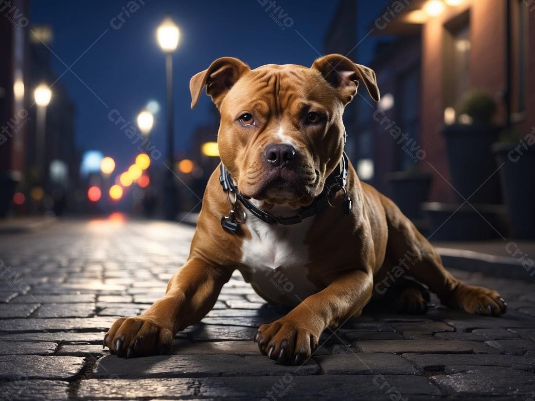 Pitbull marrom na rua à noite