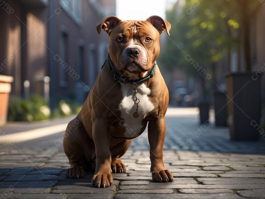 Cachorro American Bully marrom sentado na rua