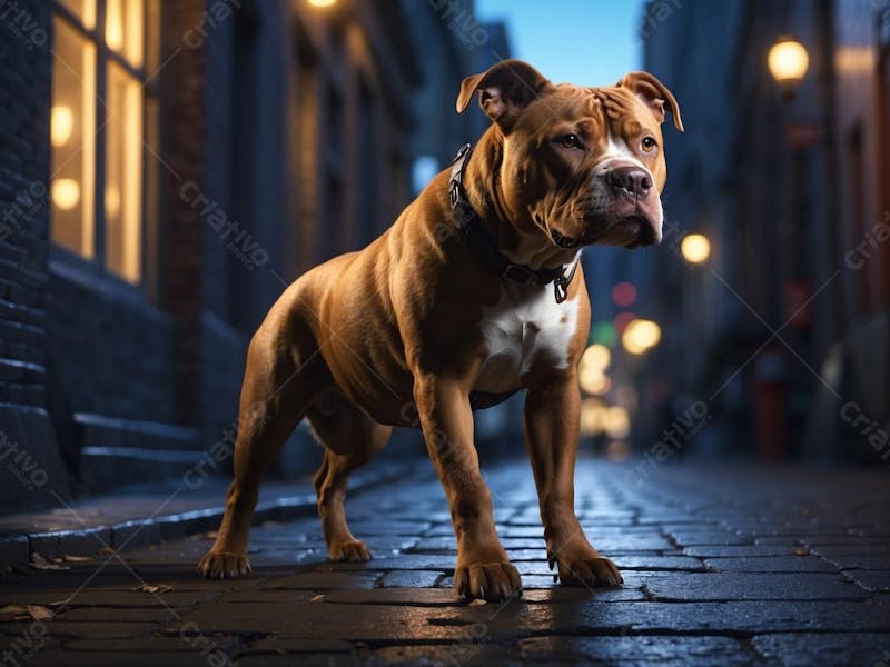 Pitbull observando na rua de noite