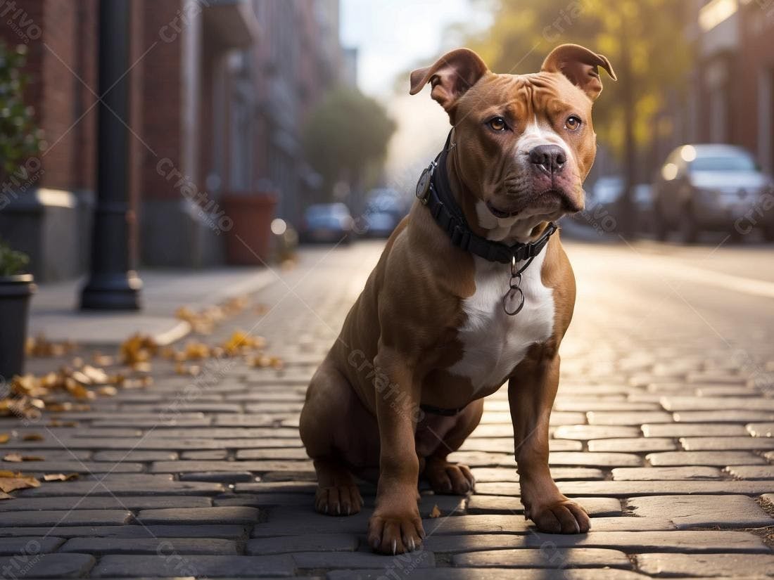 Pitbull marrom e branco sentado em rua de paralelepípedos
