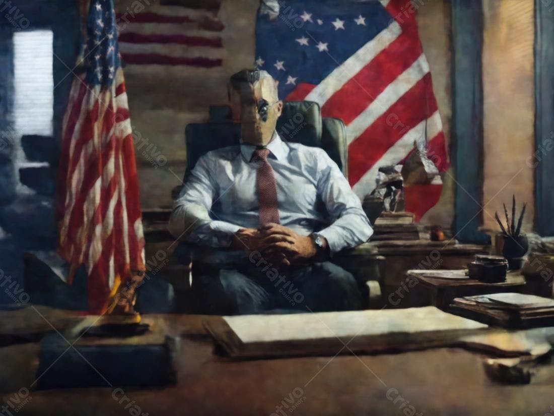 Homem mascarado em escritório presidencial