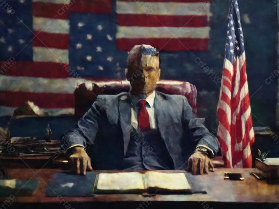 Homem em terno sentado em escritório com bandeira americana