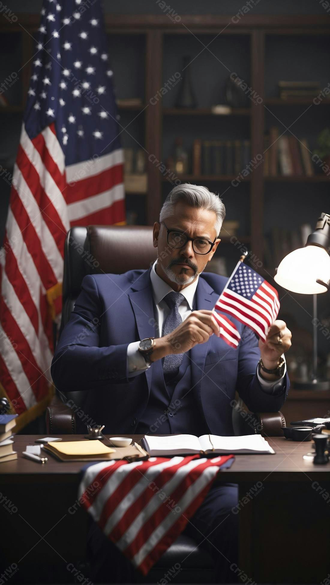 Político americano segurando bandeira EUA