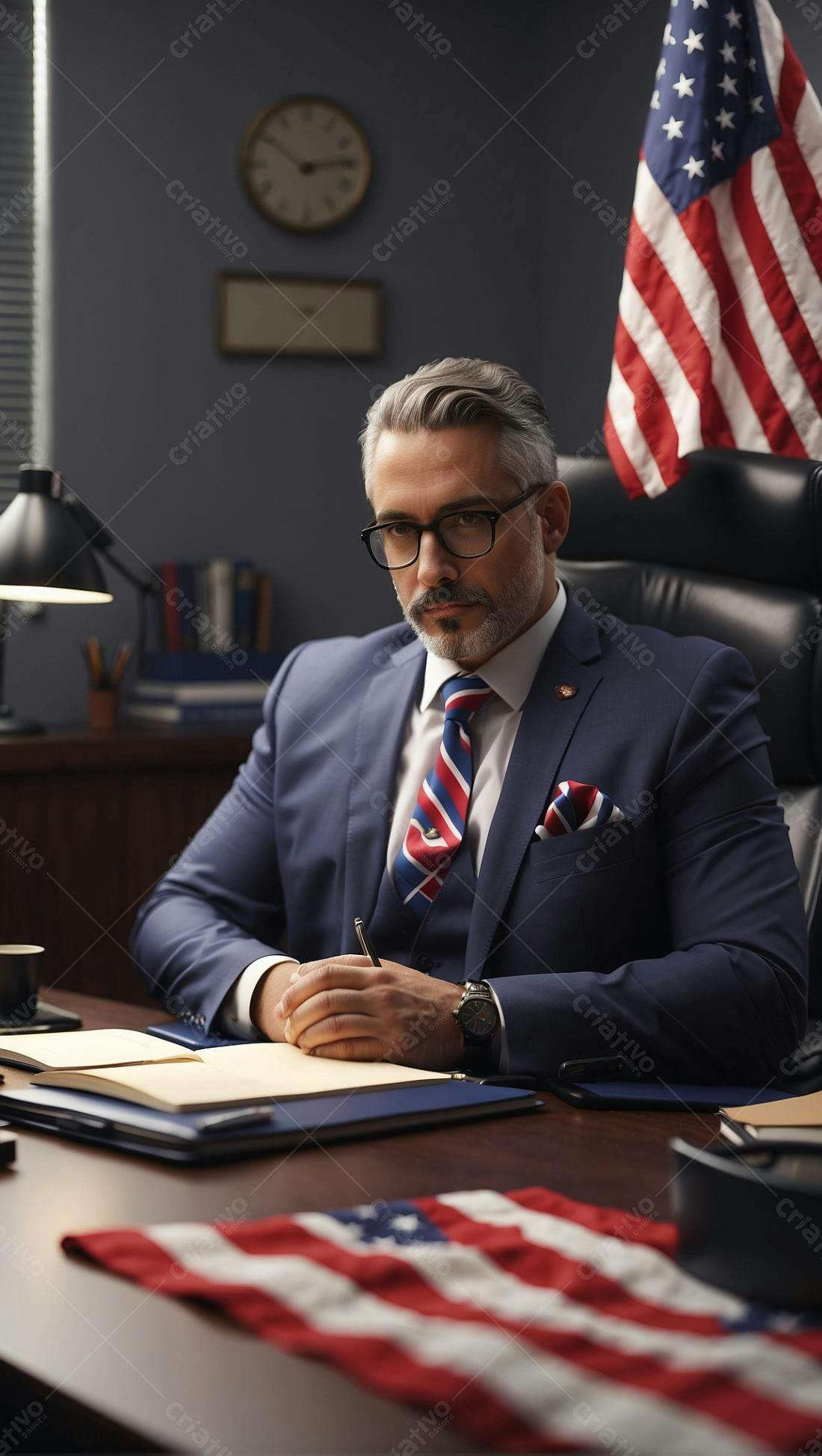 Homem de Negócios em Escritório com Bandeira Americana
