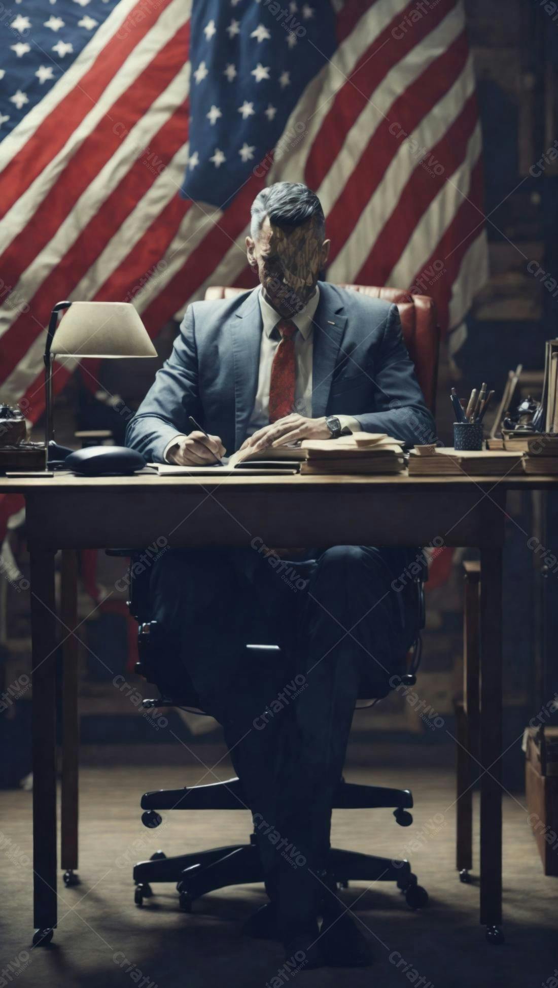 Político escrevendo em sua mesa com bandeira americana