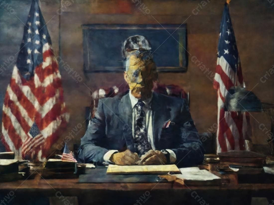Homem em terno escrevendo em mesa com bandeiras americanas