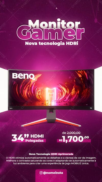 Stories Monitor Gamer Benq Informática Social Media Psd Editável