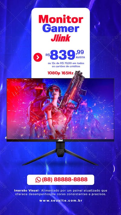 Stories Monitor Gamer Jlink 1080P Informática Social Media Psd Editável
