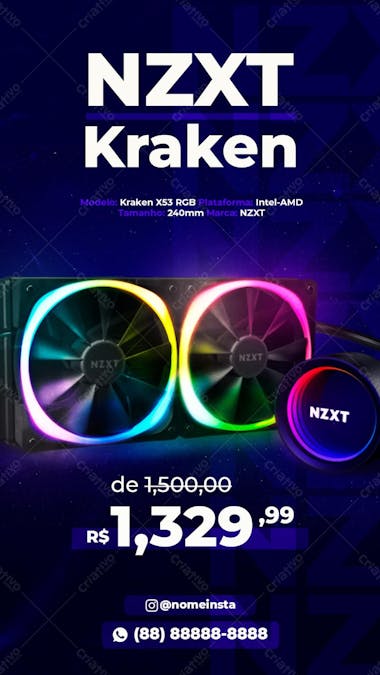 Stories water cooler nzxt kraken rgb informática social media psd editável