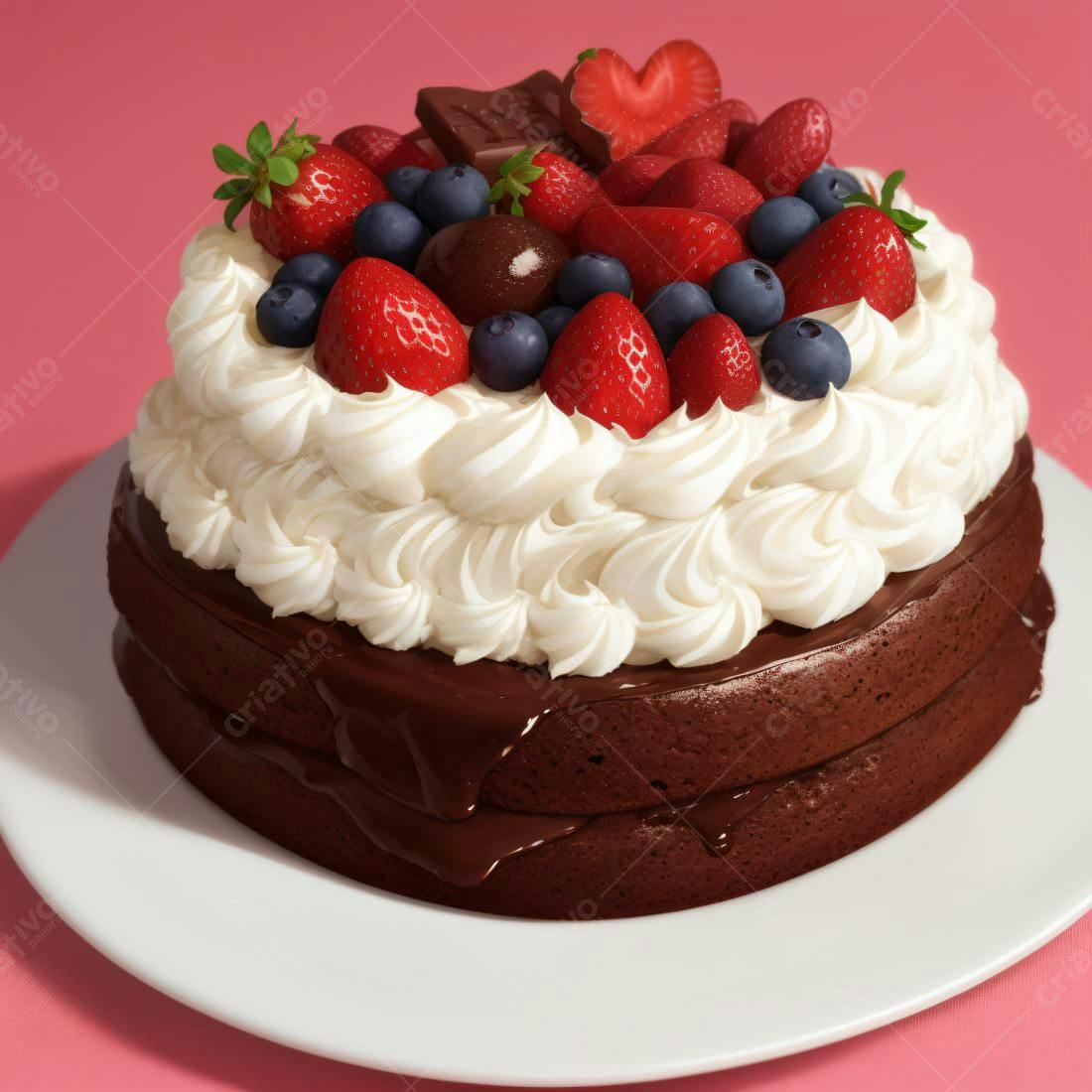 Bolo de chocolate com morangos e mirtilos