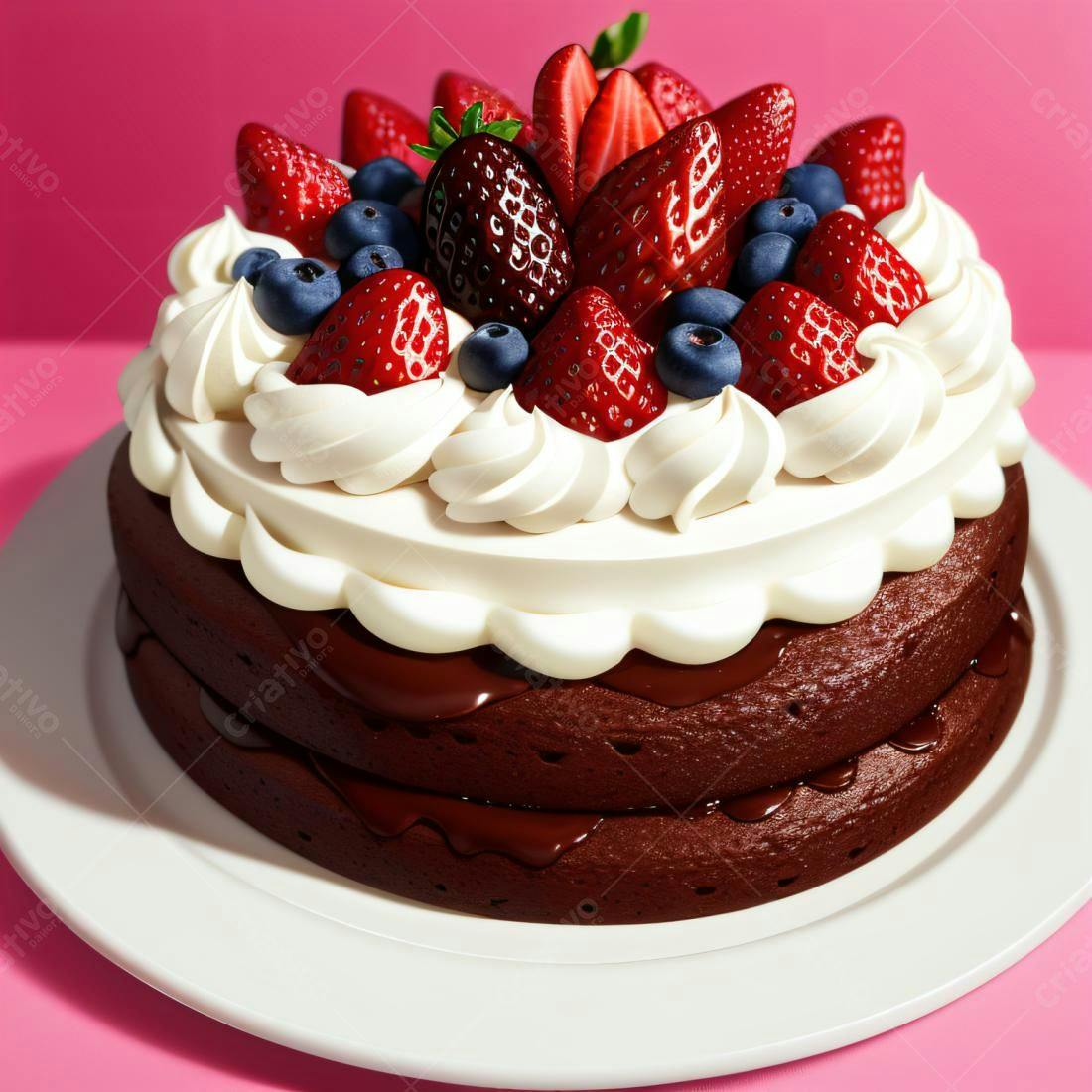 Bolo de chocolate com morangos e mirtilos