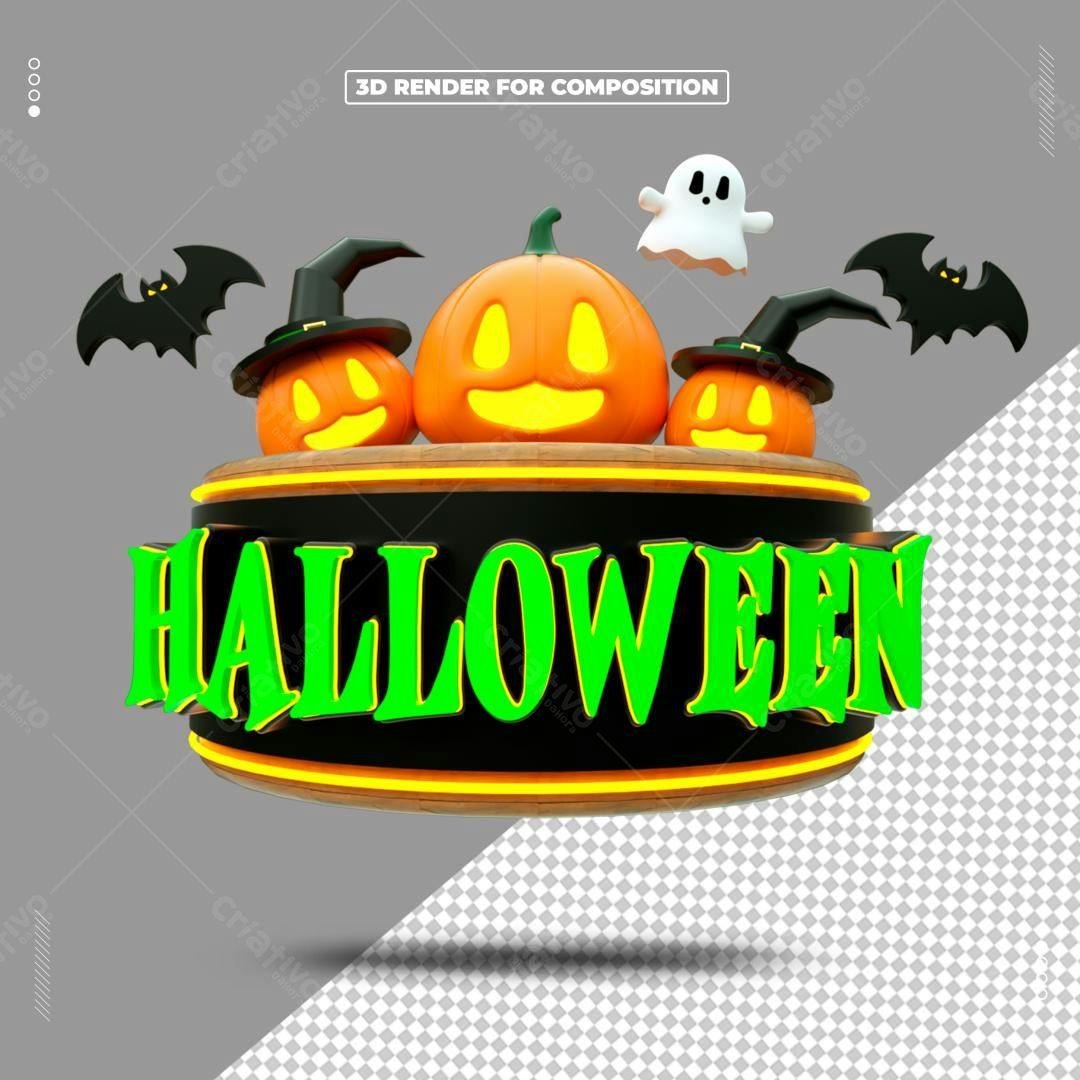 Selo 3D Halloween Abóbora e Morcego Laranja e Verde
