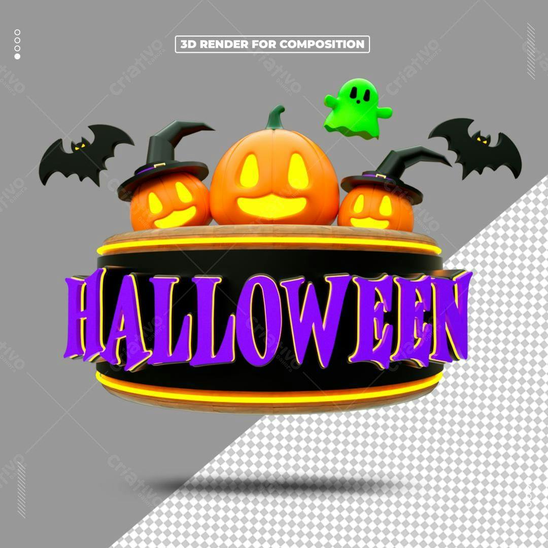 Selo 3D Halloween Abóbora e Morcego Laranja e Roxo