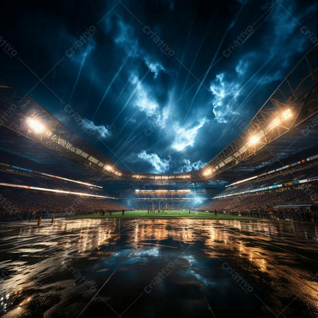 Estádio de futebol sob chuva noturna