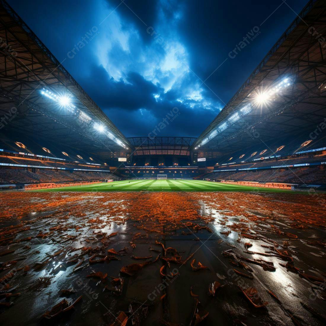 Estádio de futebol encharcado após chuva noturna