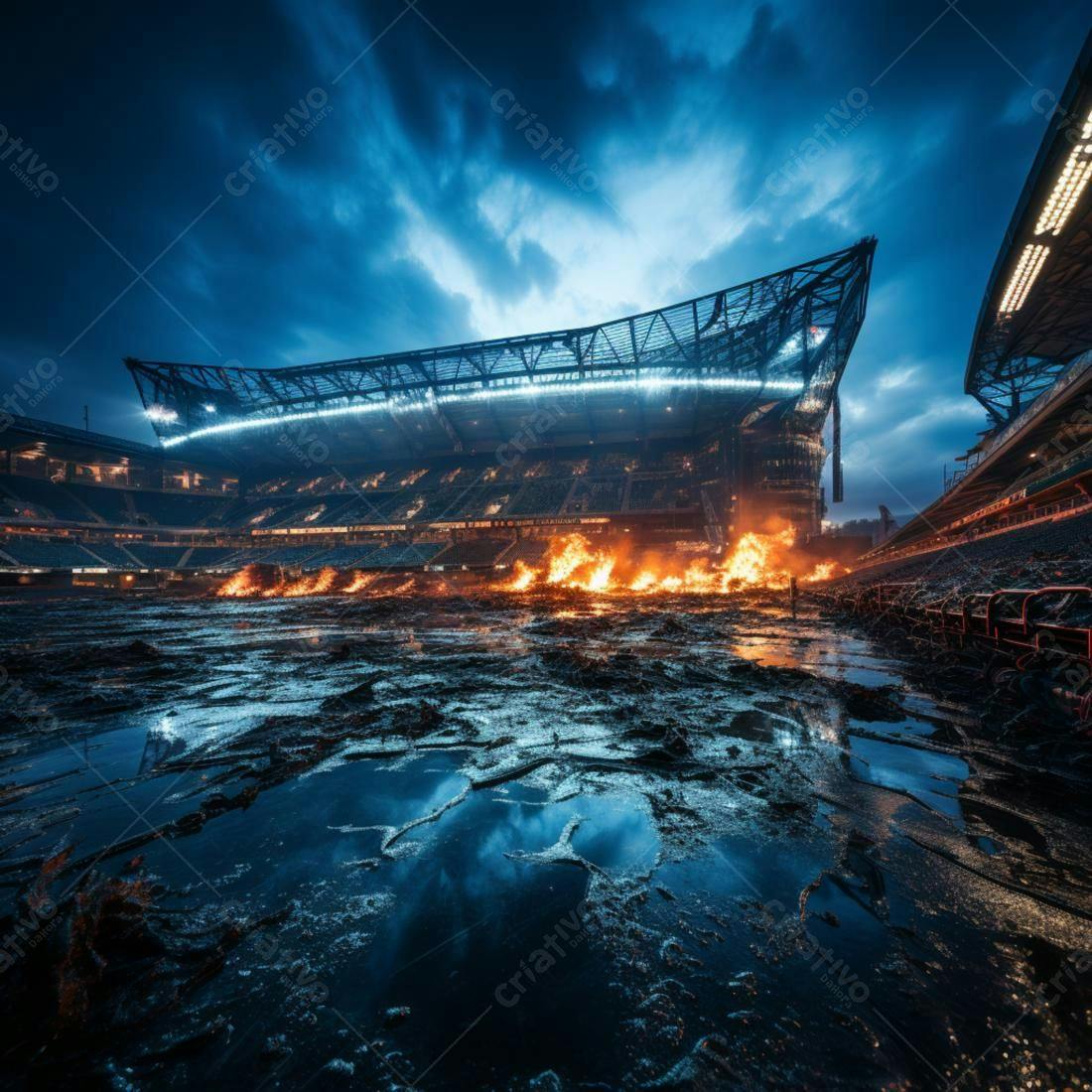Estádio Noturno com Fogo no Campo