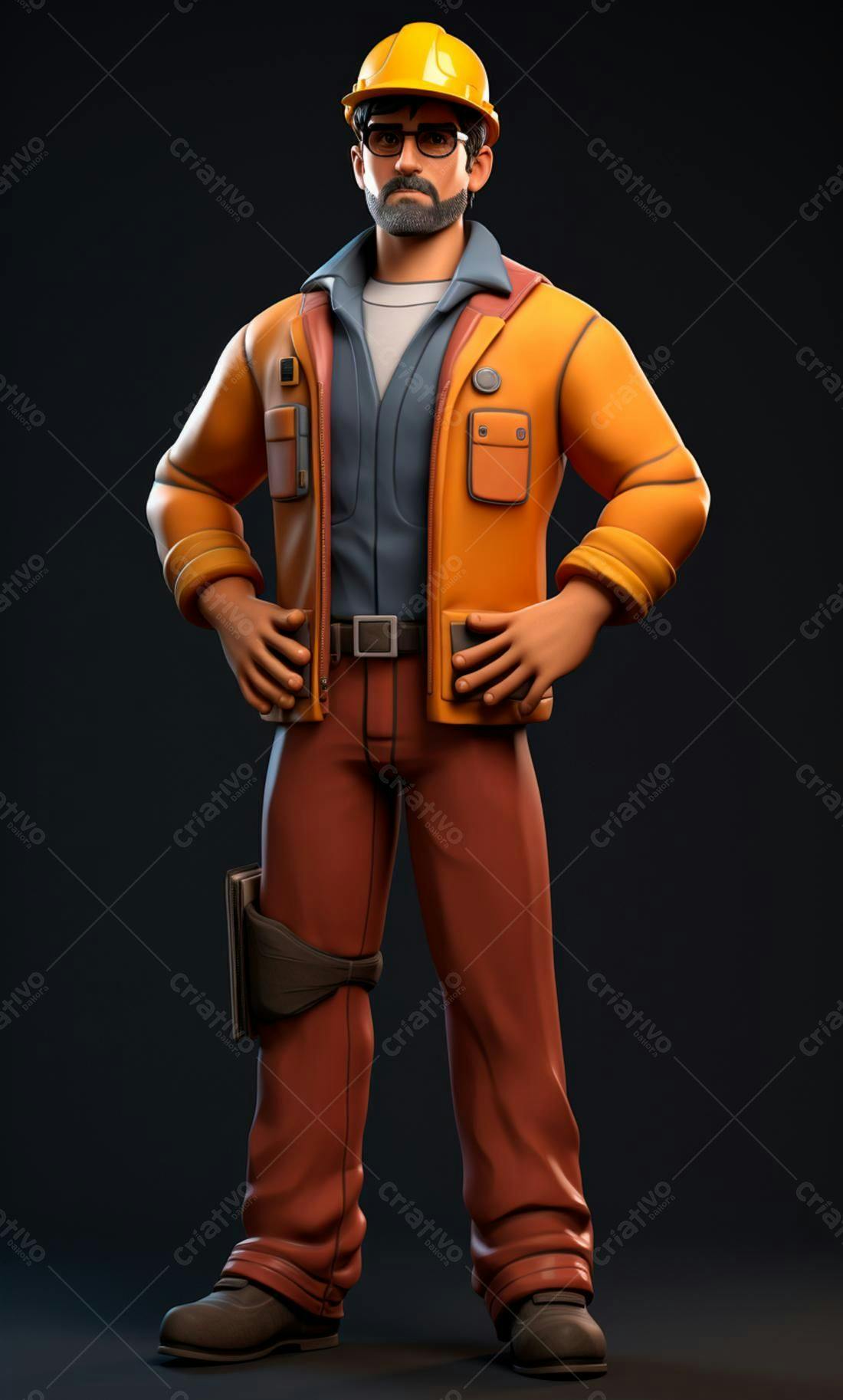 Engenheiro 3D com uniforme laranja