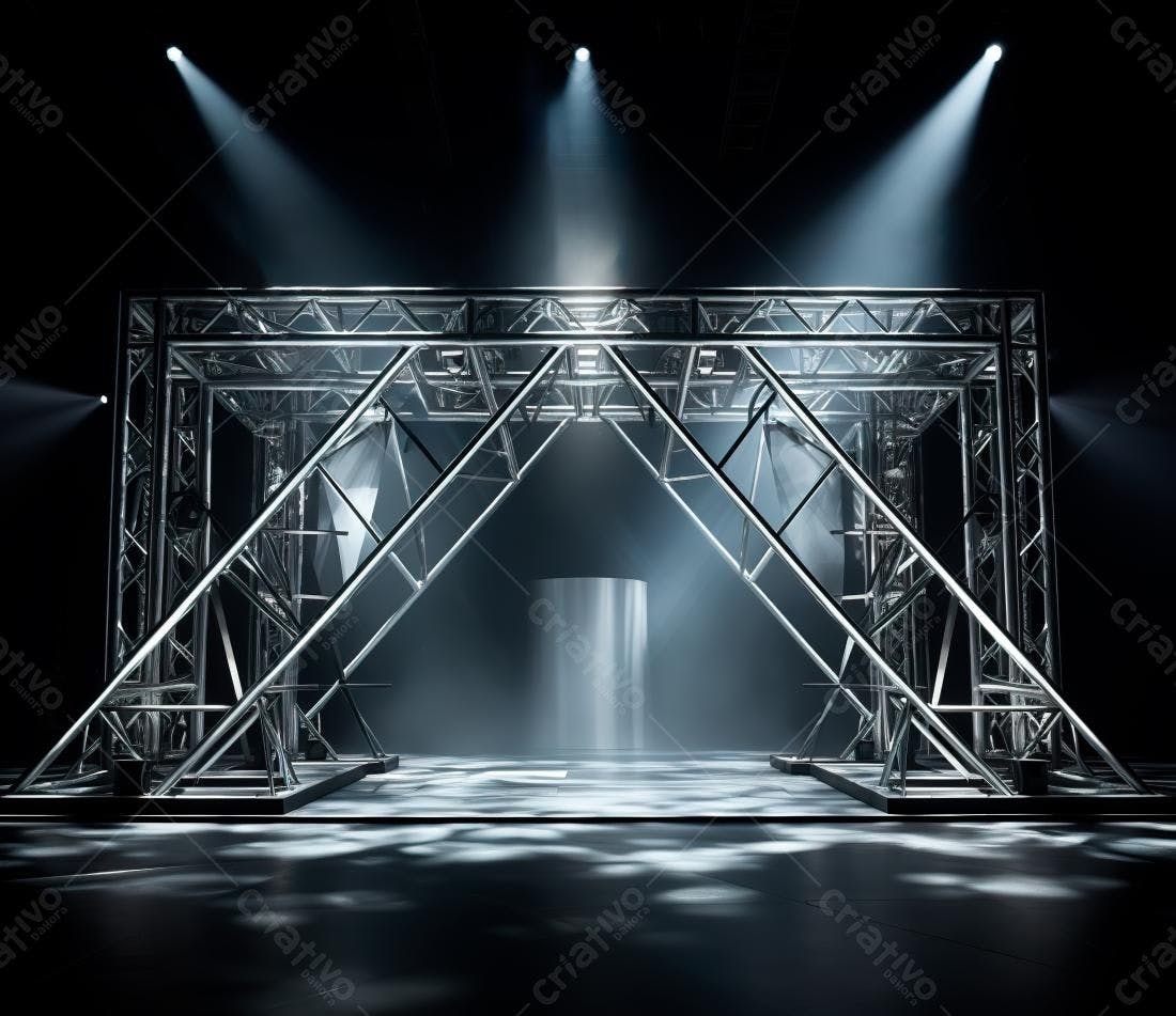Estrutura metálica iluminada em palco escuro
