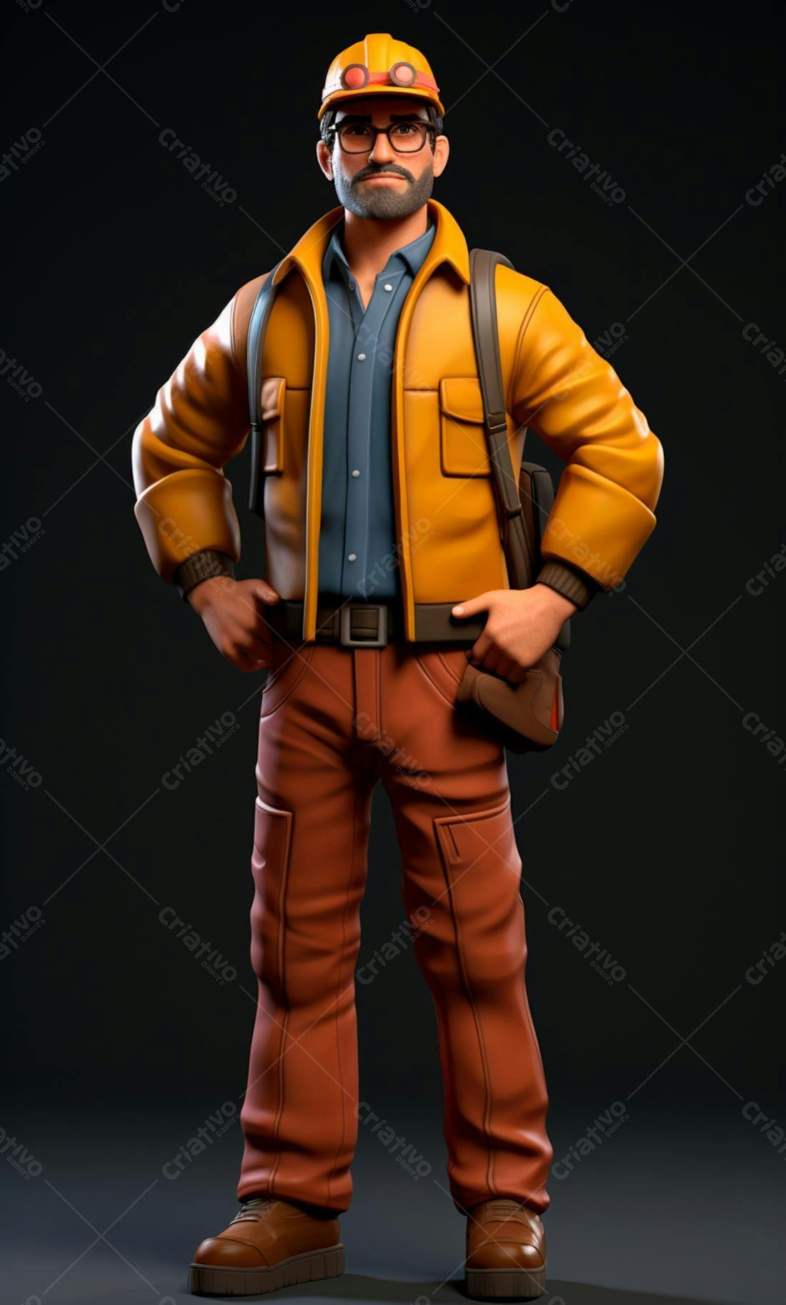 Engenheiro 3D em uniforme amarelo e marrom
