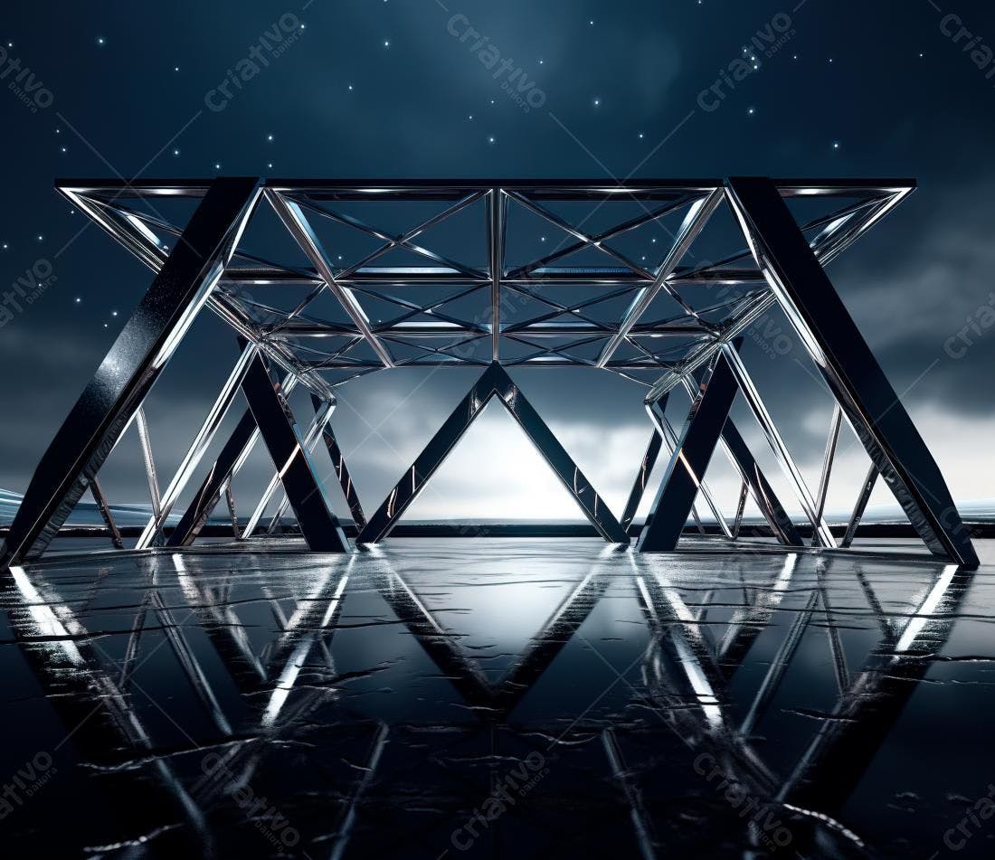 Estrutura metálica noturna refletindo céu estrelado