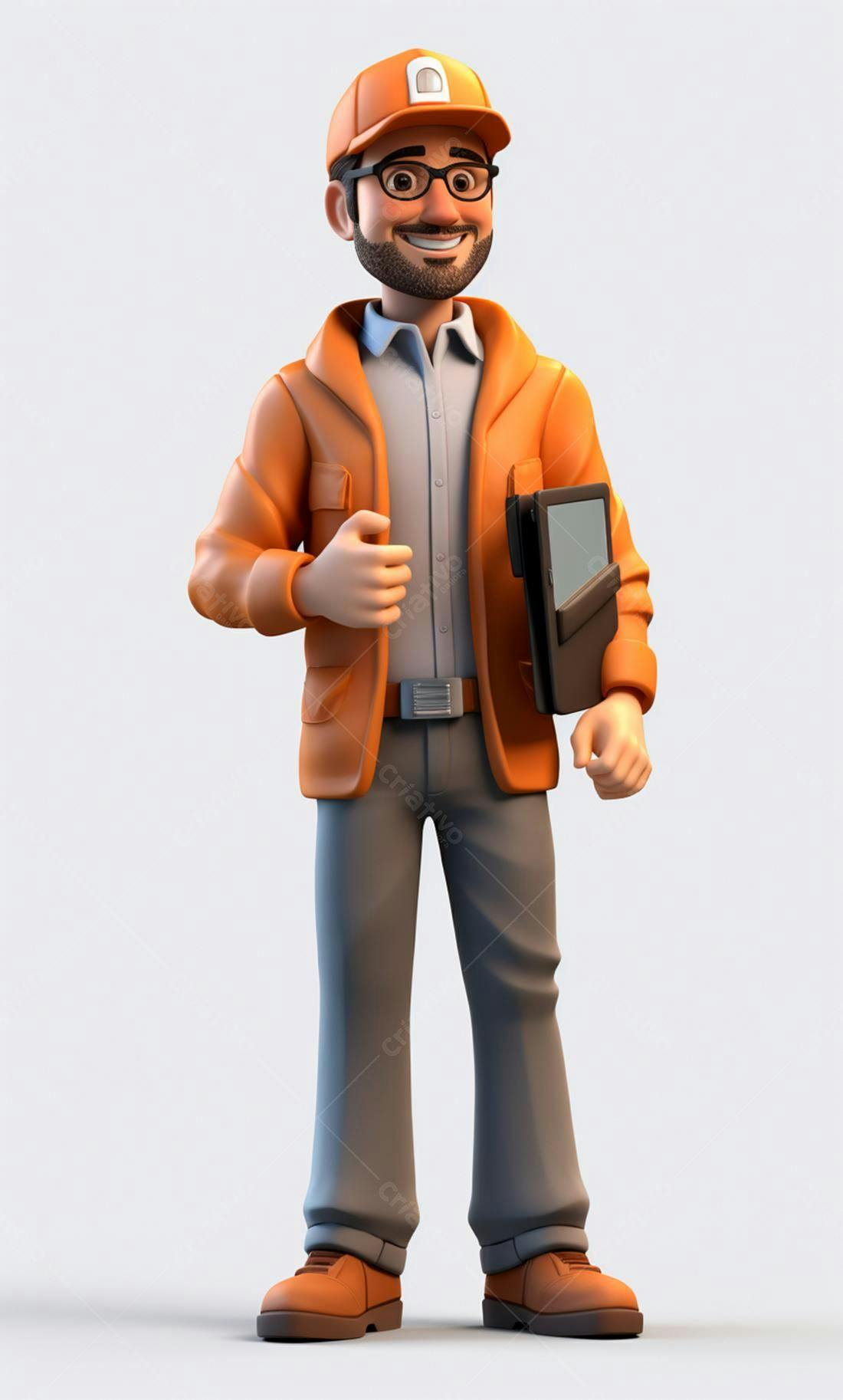 Técnico feliz com tablet laranja