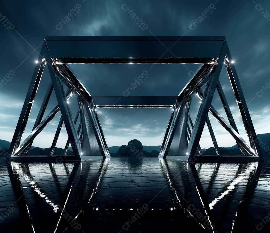 Estrutura metálica futurista em paisagem rochosa