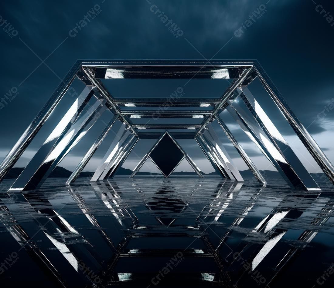 Estrutura metálica refletindo água escura