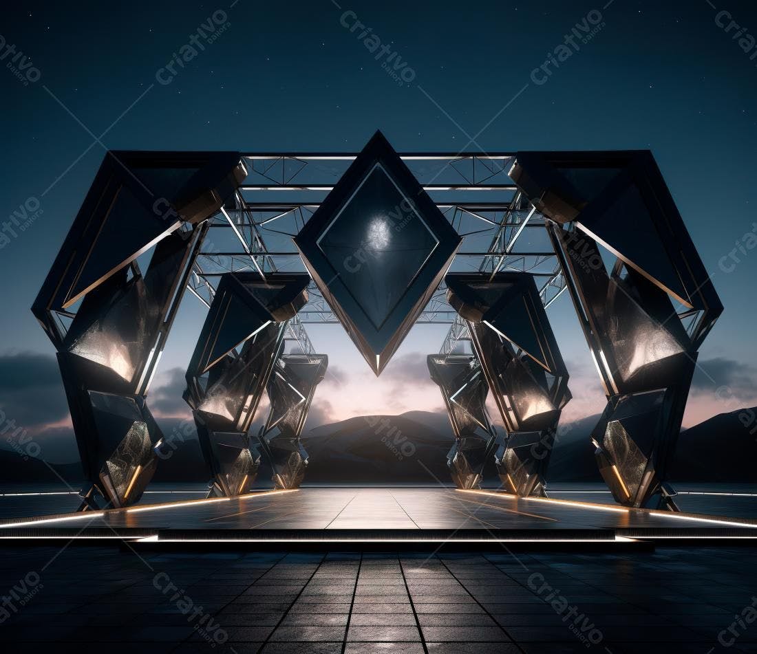 Instalação metálica futurista ao entardecer
