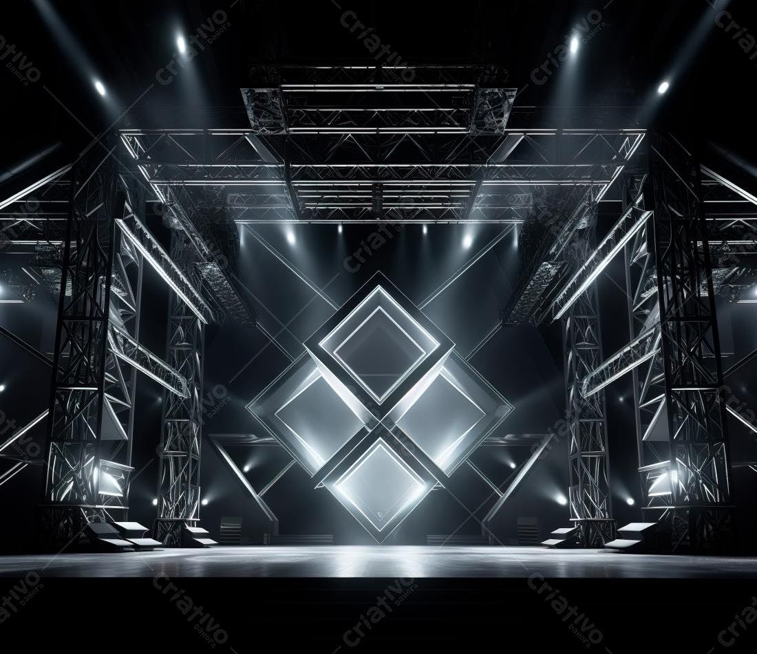 Palco futurista com estrutura metálica e iluminação