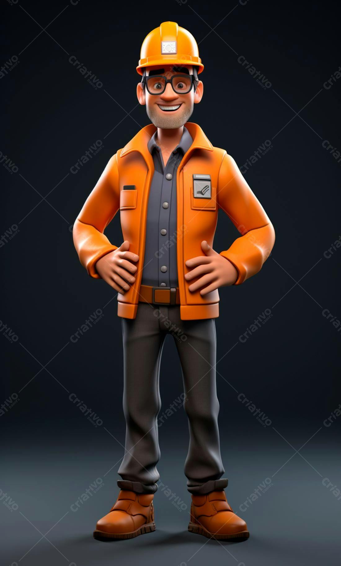 Engenheiro 3D sorrindo uniforme laranja