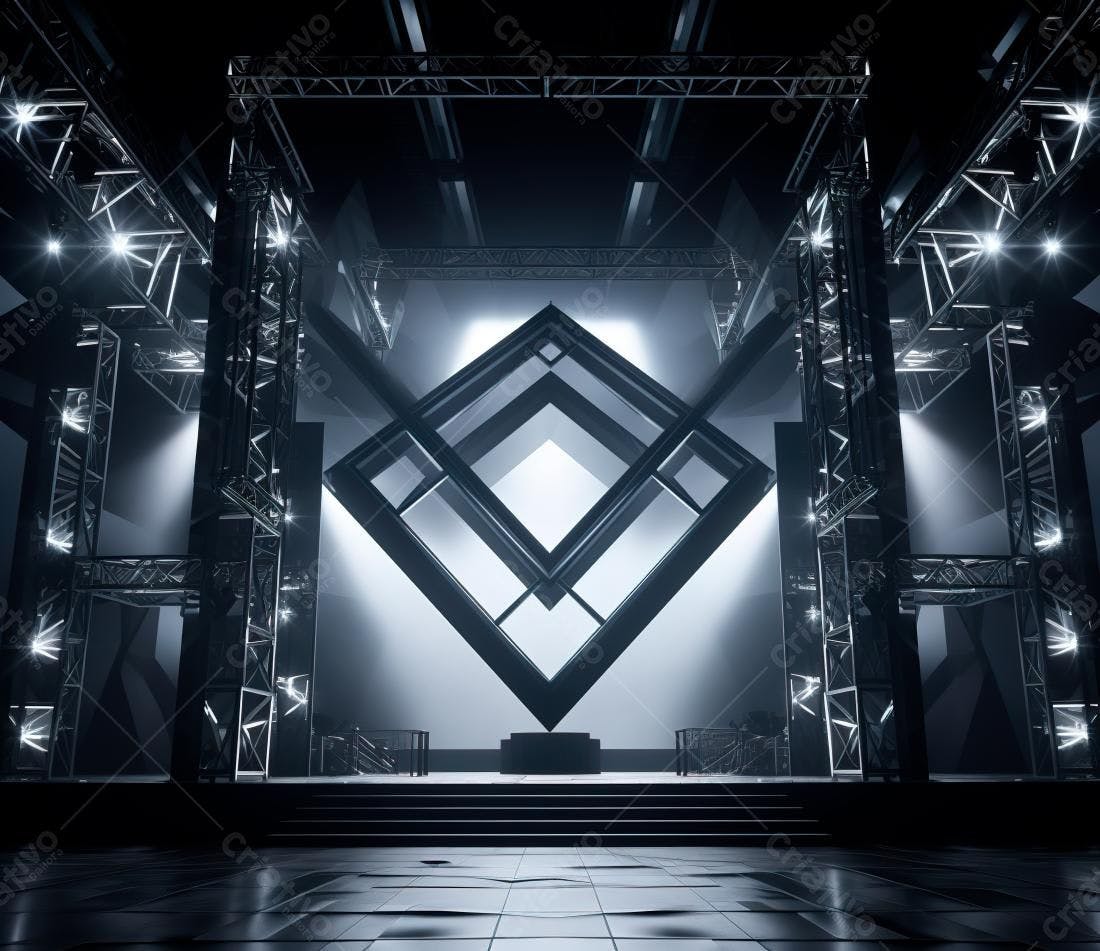 Palco futurista com estrutura metálica e iluminação dramática