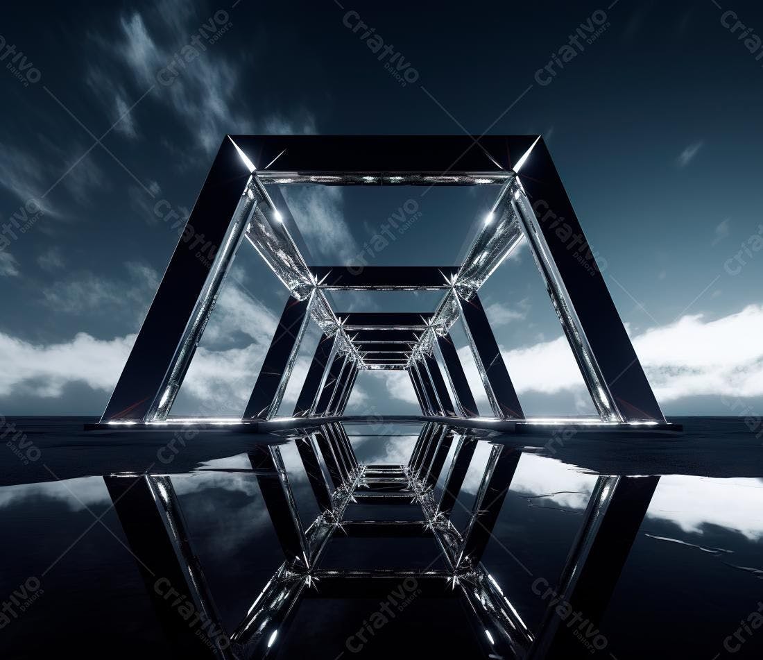 Estrutura metálica futurista refletida em água