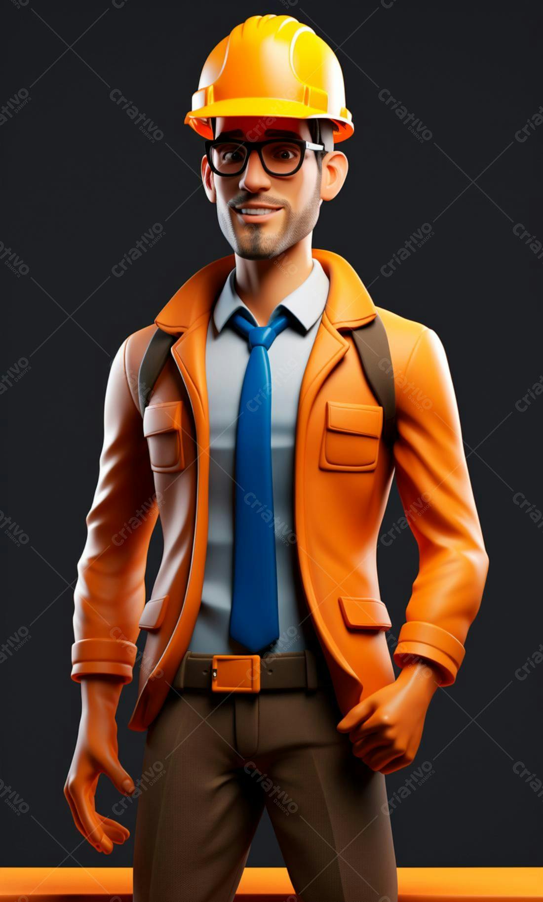 Engenheiro 3D sorriso uniforme laranja