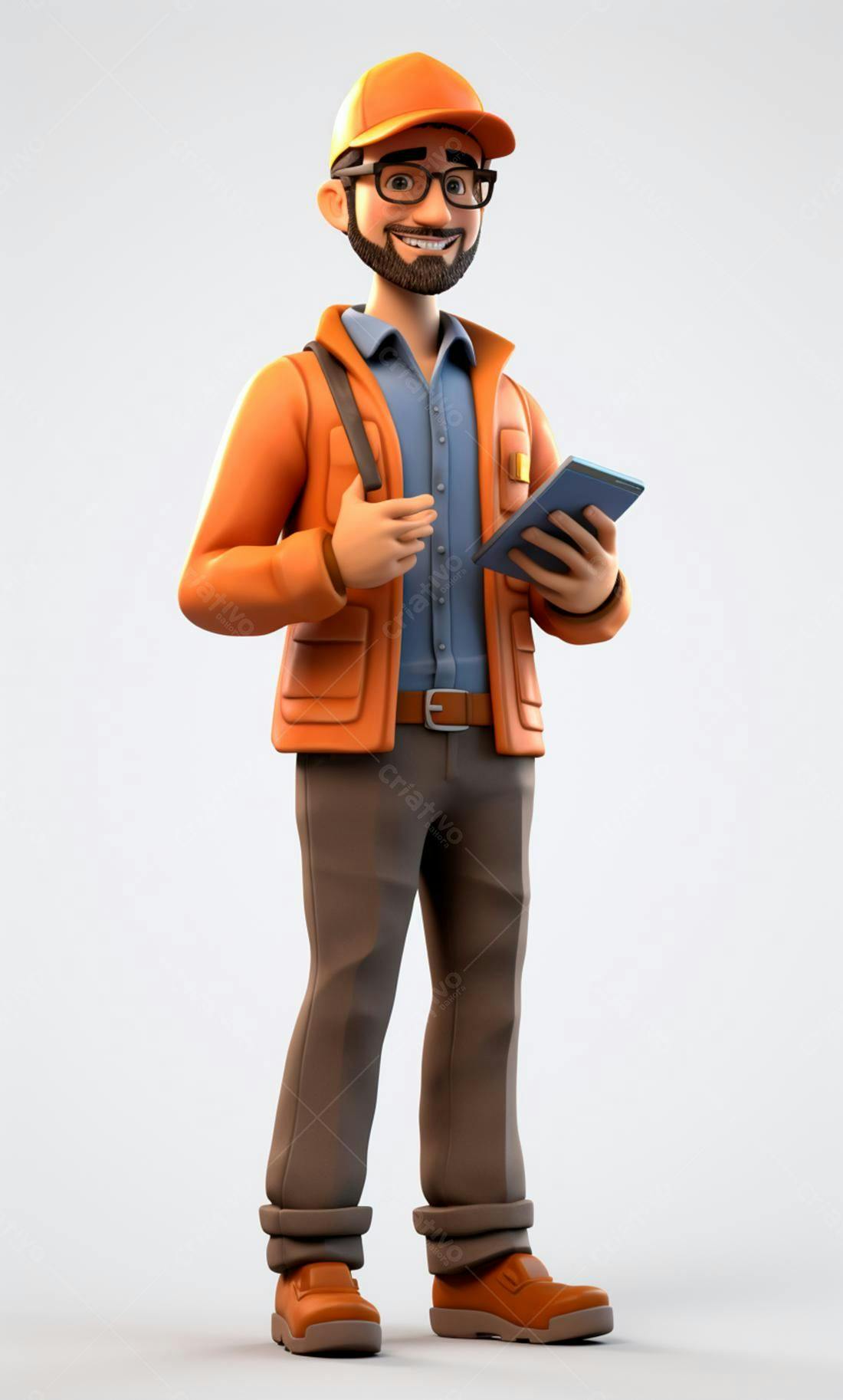 Técnico sorridente com tablet laranja