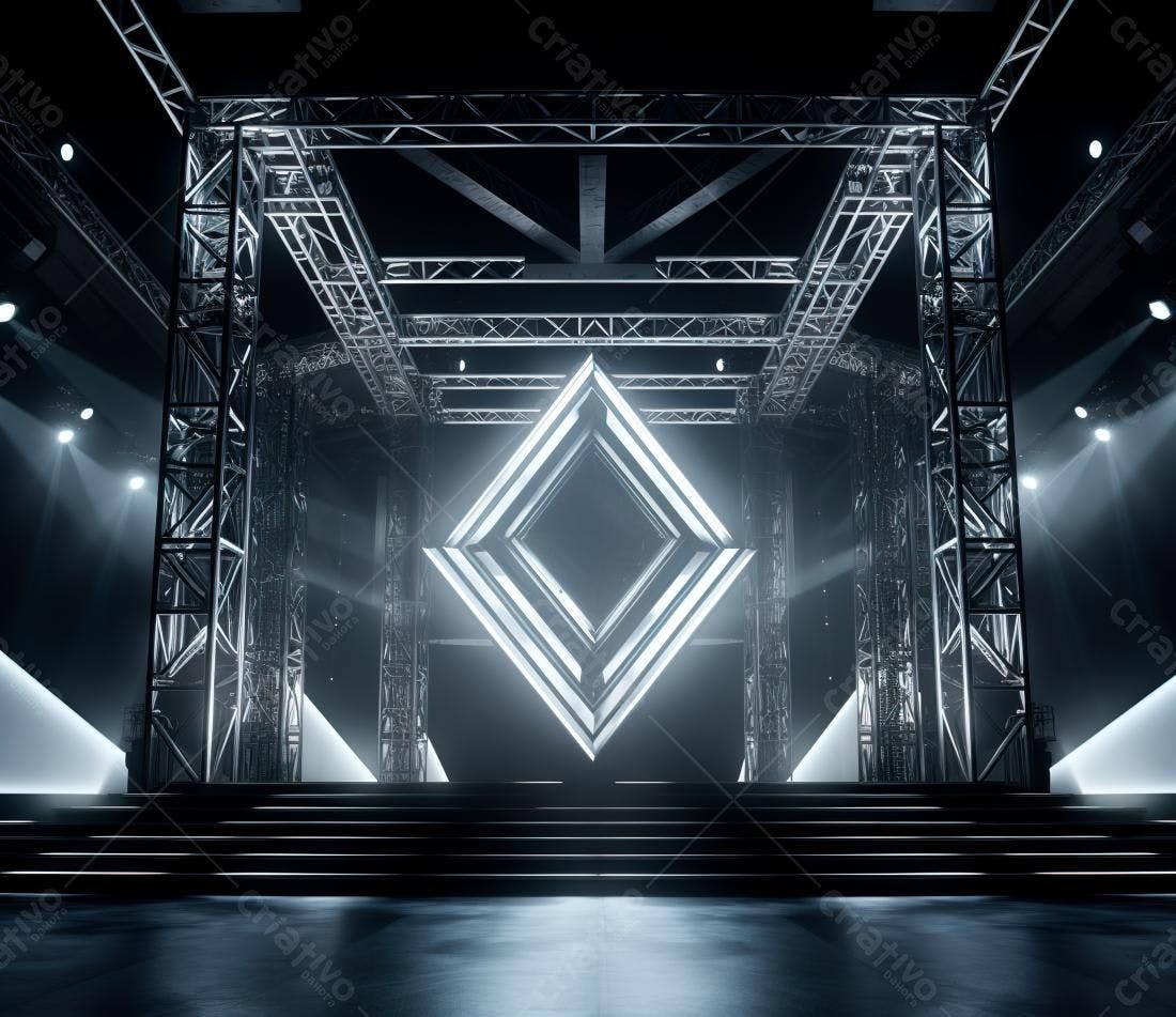 Palco iluminado com estrutura metálica e diamante