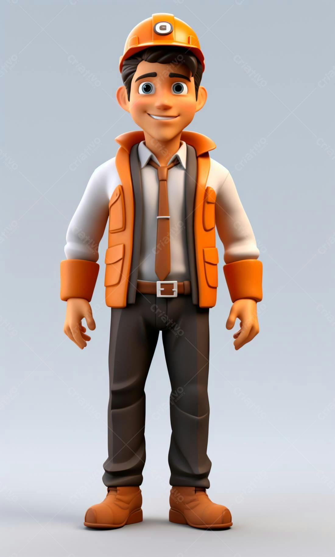 Engenheiro 3D sorrindo uniforme laranja