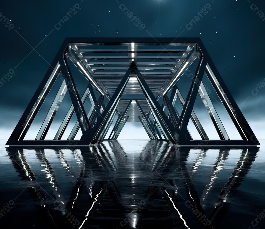 Estrutura metálica triangular noturna refletindo na água