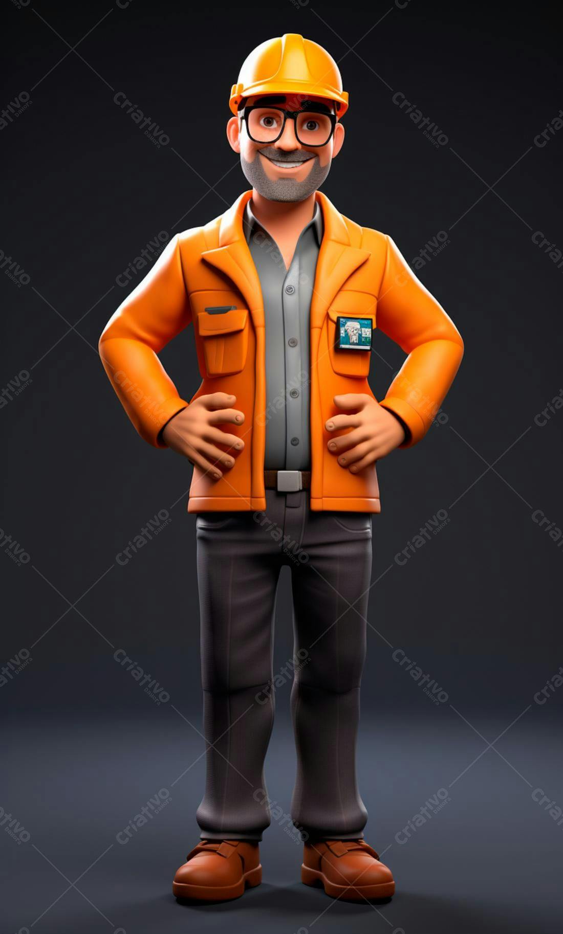 Engenheiro 3D sorrindo uniforme laranja