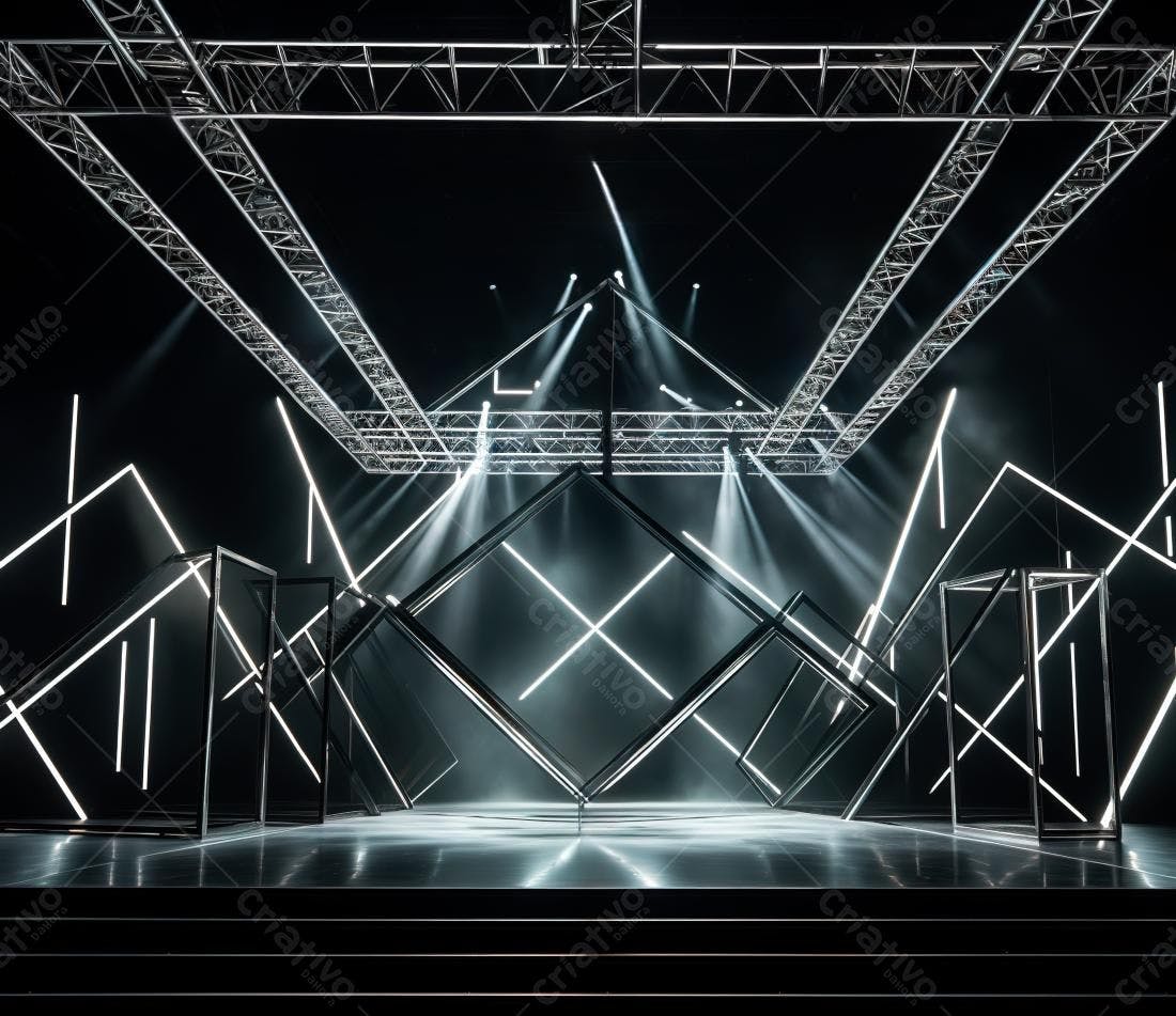 Palco com iluminação moderna e estruturas geométricas