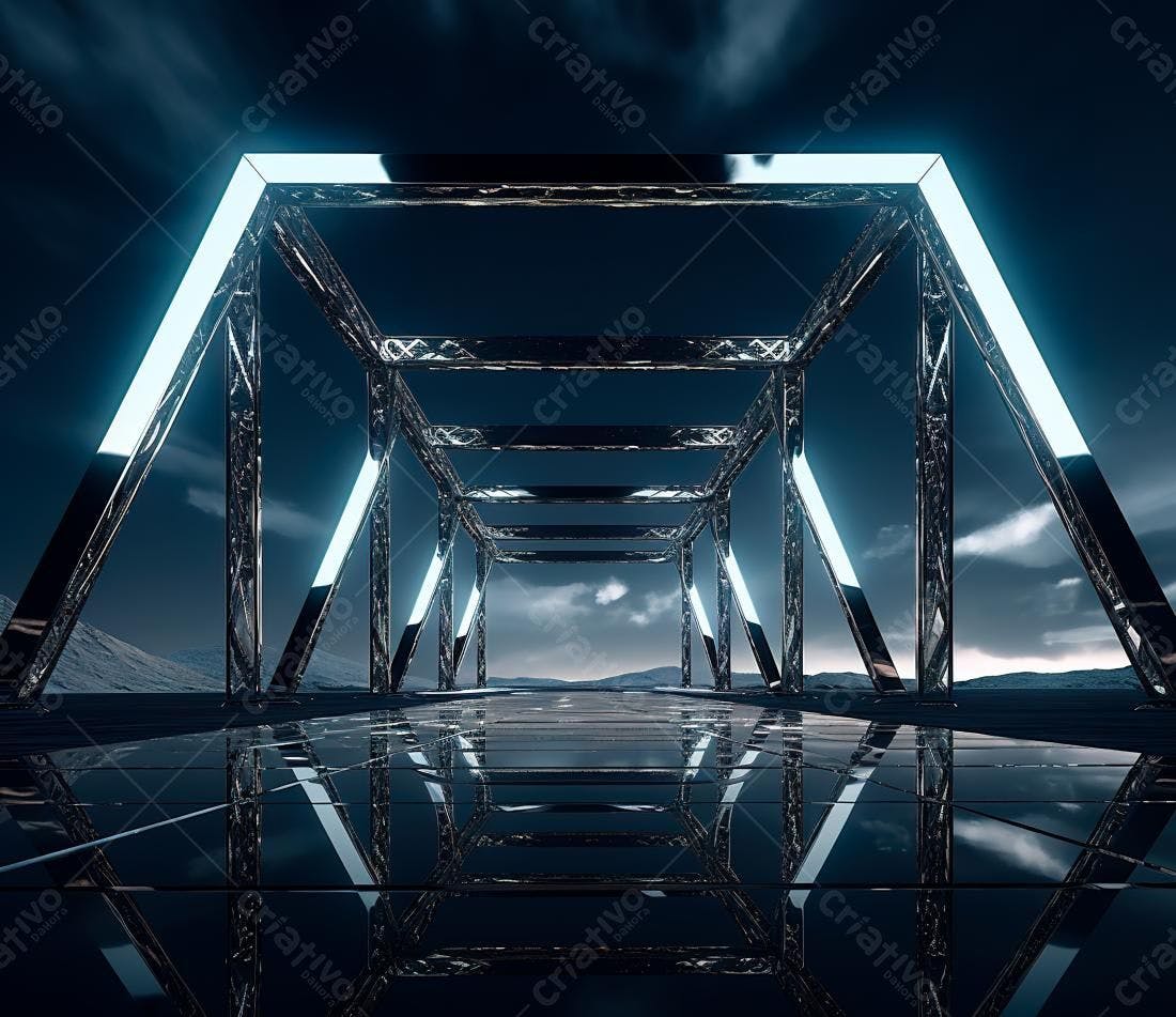 Ponte metálica futurista com iluminação azul noturna