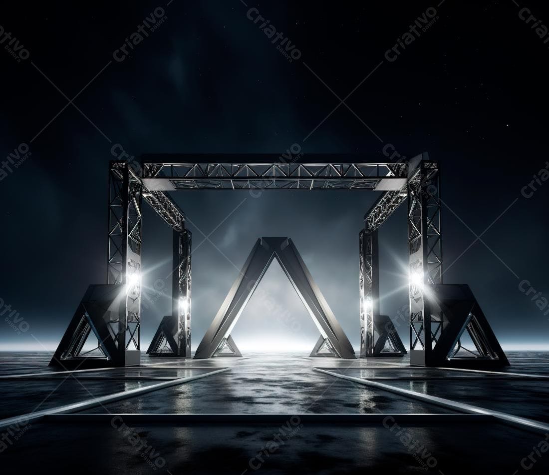 Estruturas metálicas em palco futurista noturno