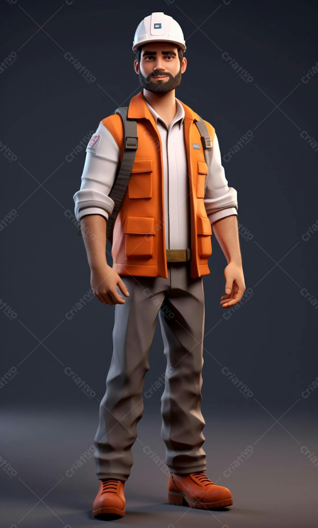 Engenheiro 3D com uniforme laranja