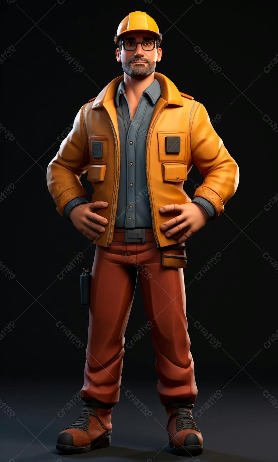 Engenheiro 3D em uniforme laranja