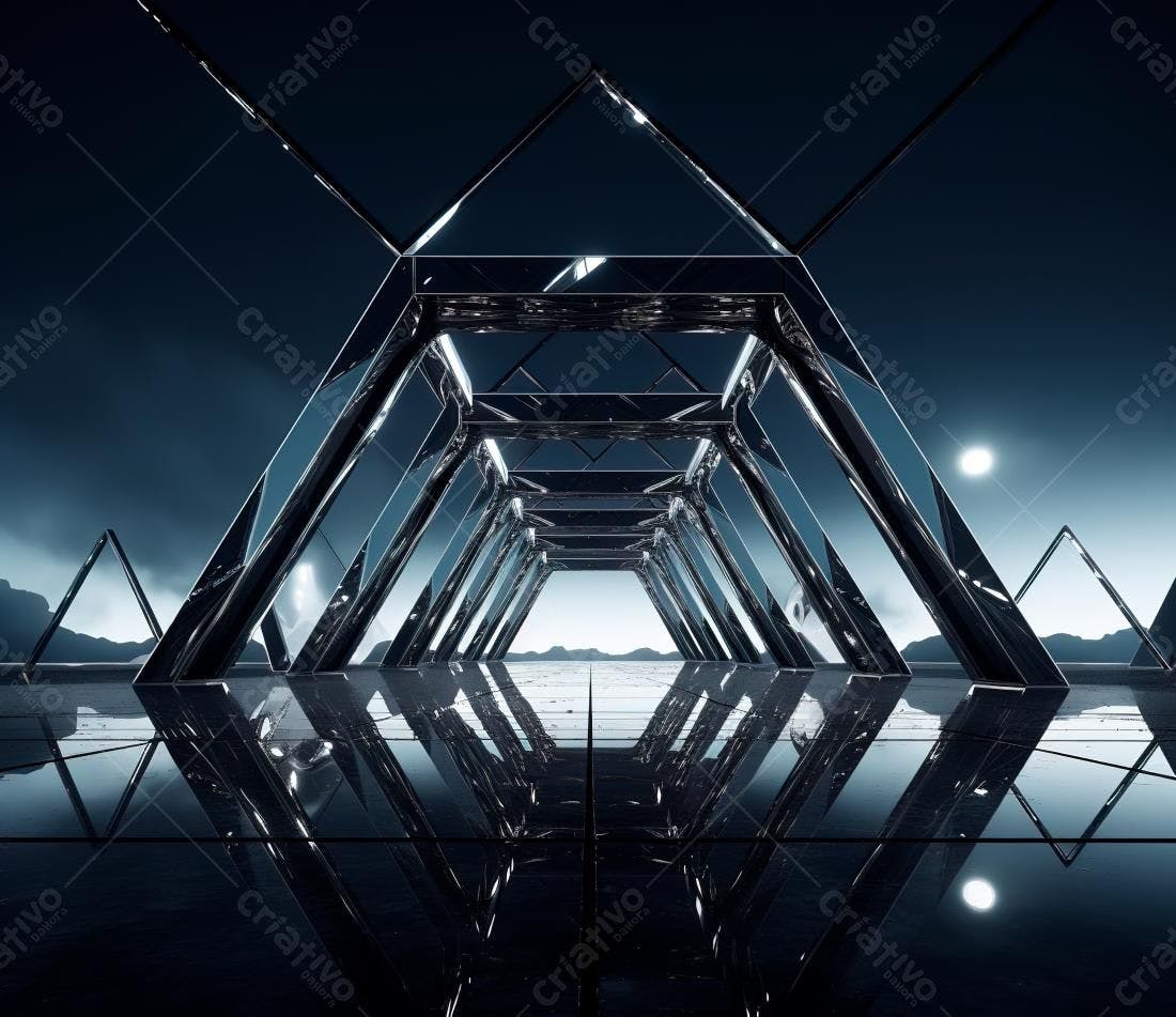 Túnel futurista metálico com reflexos noturnos