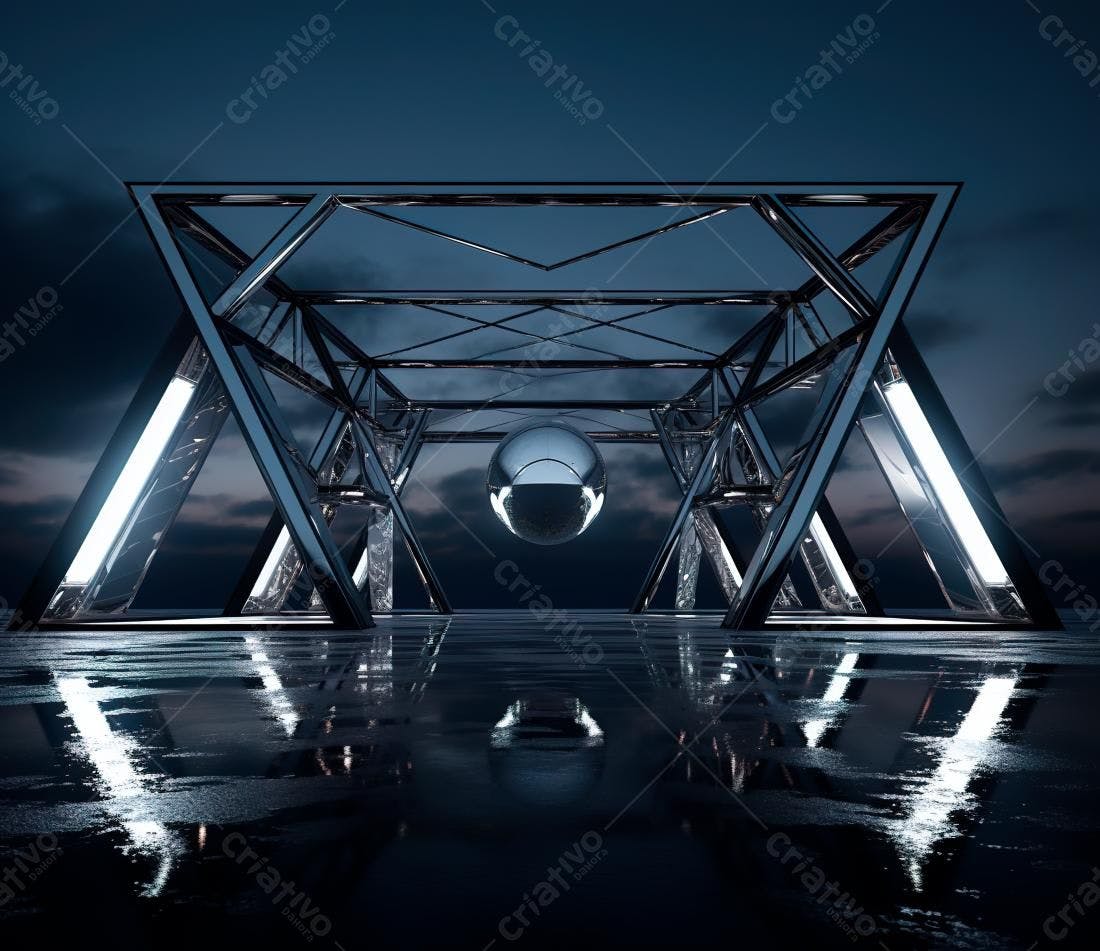 Esfera metálica em estrutura geométrica noturna