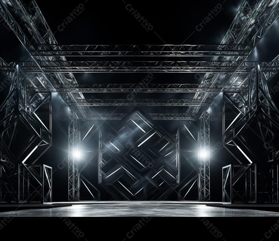 Palco metálico futurista com iluminação dramática