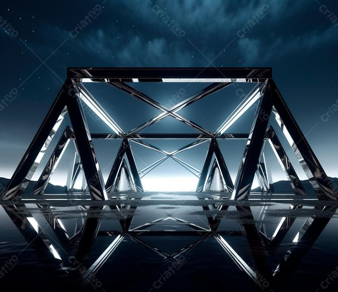 Estrutura metálica refletida em água noturna